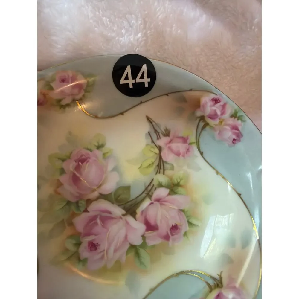 Vintage Royal Rudolstadt Prussia Pink Roses Handled Nut Candy Bowl Gold Trim 6